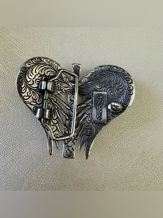 Nocona Ornate Winged Cross Heart Shaped Silver-Tone Rhinestone Belt Buckle - Picture 2 of 4